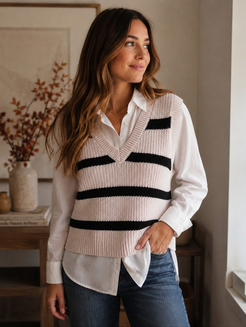 Cream & Black Striped V-Neck Sweater Vest